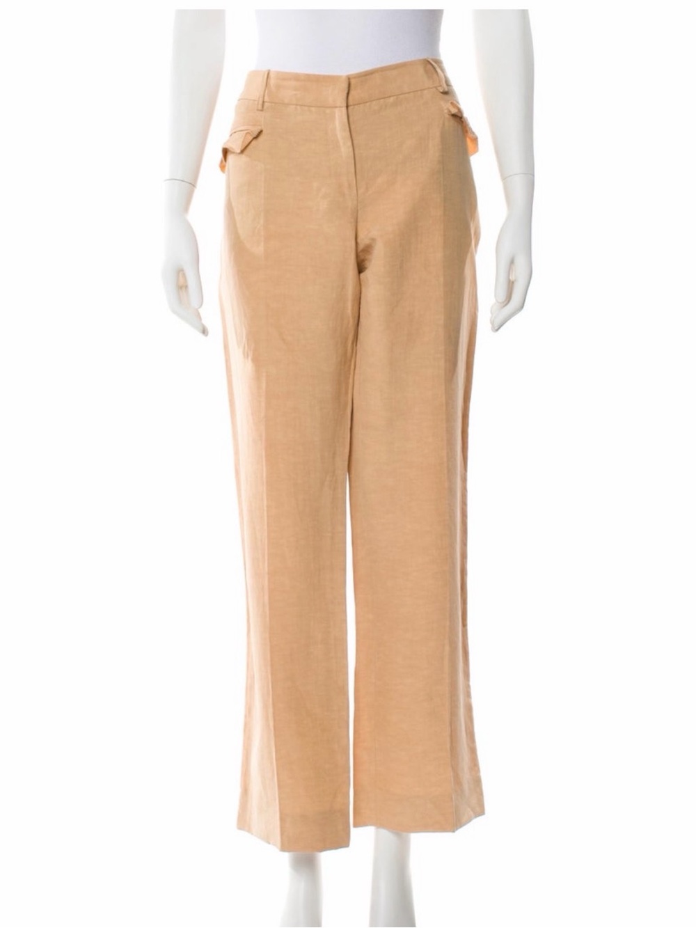 Valentino Roma Linen Silk Blend Straight Leg Pants Ruffle Pocket Trim IT 46 US10